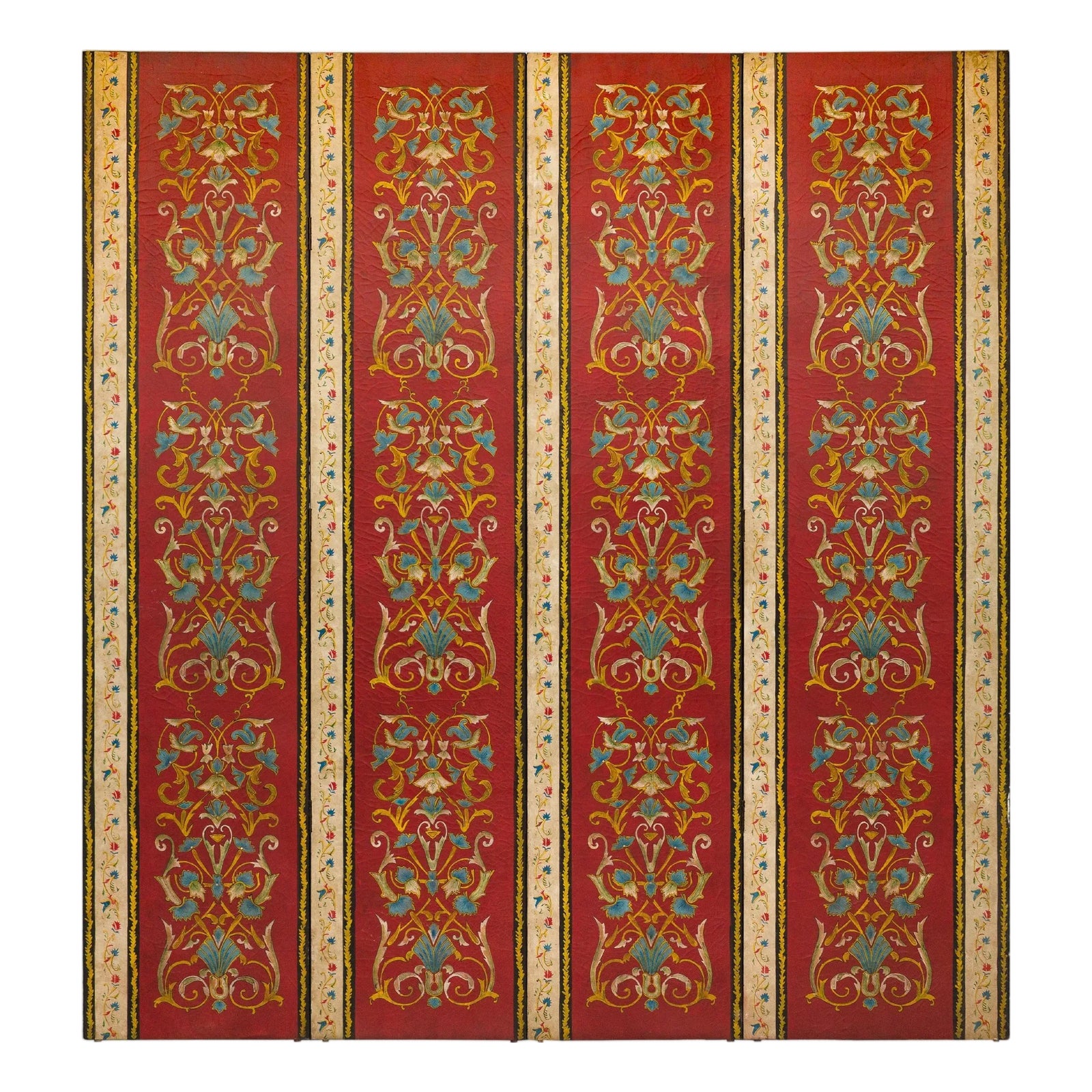 Four-Panel Red Lacquer Folding Screen with Hand-Painted Floral ...