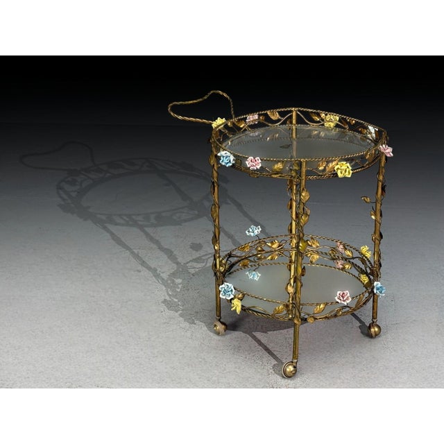 Hollywood Regency, Bar Car, Gilt Metal, Porcelain, Usa, 20th C. For Sale - Image 4 of 11