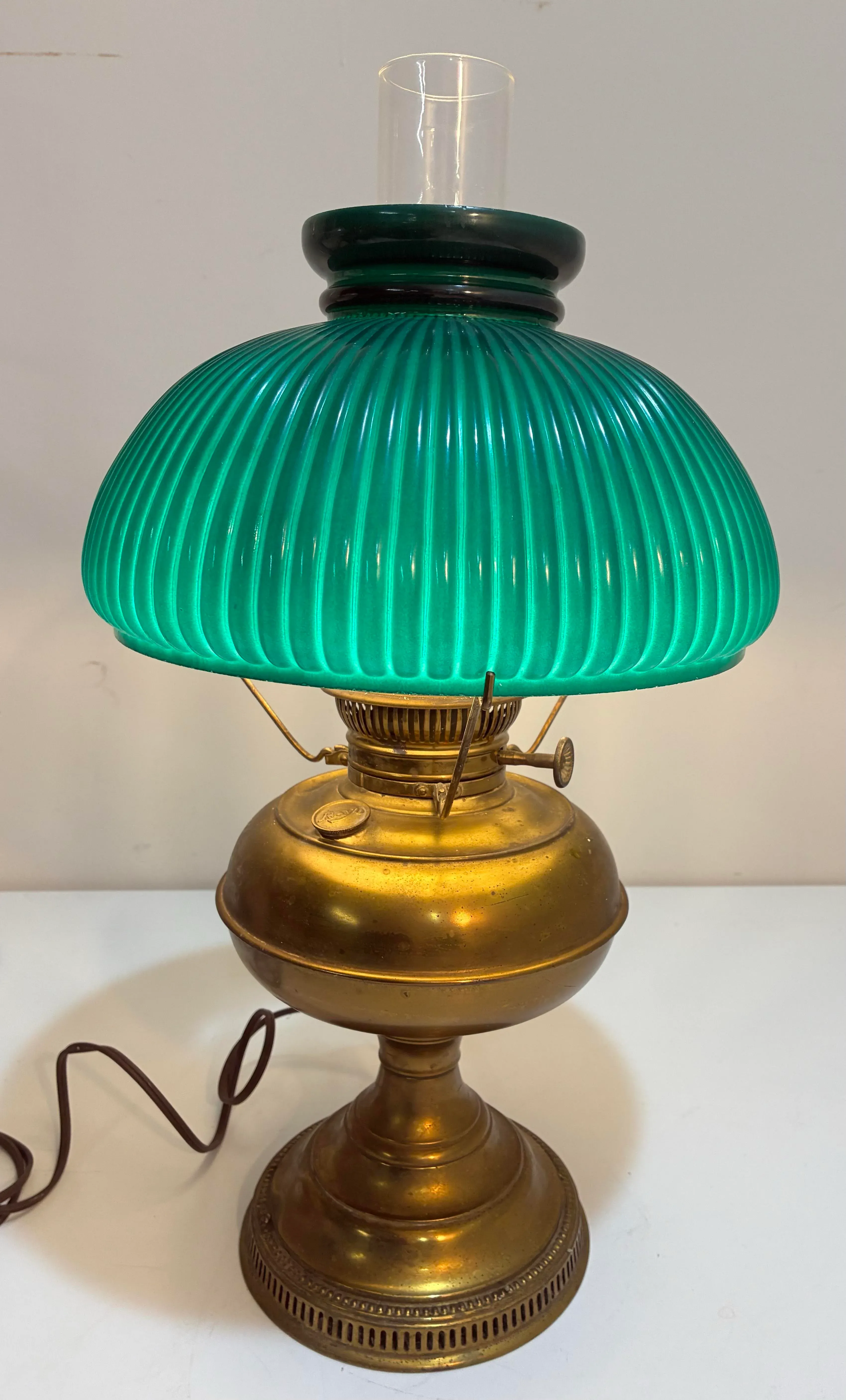 Antique Brass Oil Lamp Rayo Electrified Emerald Green Glass Shade