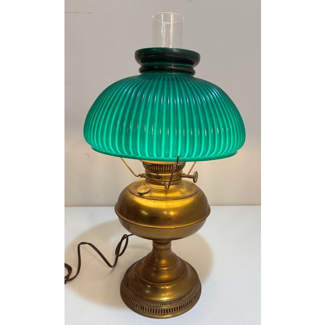 Victorian Antique Brass Oil Lamp Rayo Electrified Emerald Green Glass Shade For Sale - Image 3 of 11