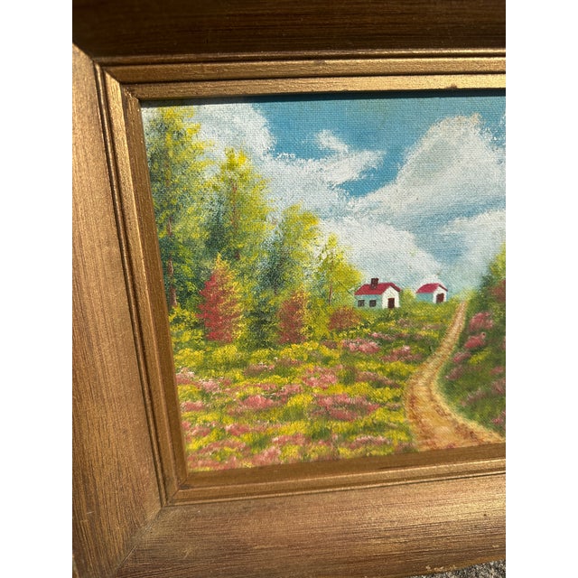 Small Signed Gold Framed Farmhouse and Foliage Landscape Painting on Canvas For Sale - Image 4 of 8