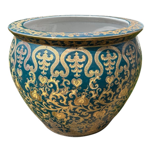 Antique Very Large Chinoiserie Enameled Porcelain Emerald Green With 24k Gold Koi Fish Planter/Jardiniere For Sale