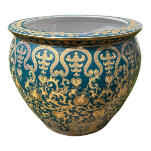 Antique Very Large Chinoiserie Enameled Porcelain Emerald Green With 24k Gold Koi Fish Planter/Jardiniere
