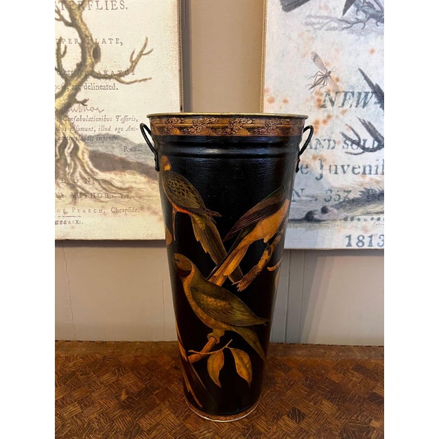 Vintage English Planter Jardiniere Urn Bird Decoupage Black Tole Aviary Décor For Sale - Image 12 of 18