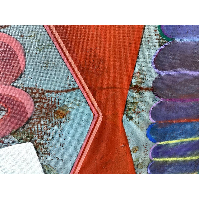 Abstract Geometric Painting Orange Blue Mid Century Modern Wall Art 8x8 For Sale - Image 4 of 8