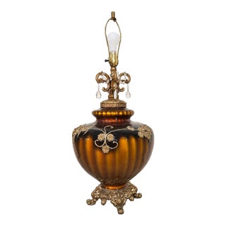 1960s Hollywood Regency Brown Glass Urn Table Lamp, Crystal Prisms, 32 Inch For Sale