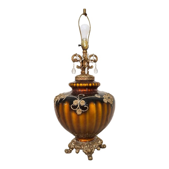 1960s Hollywood Regency Brown Glass Urn Table Lamp, Crystal Prisms, 32 Inch For Sale