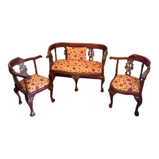 Vintage Hand Carved Mahogany Chippendale Parlor Settee Chairs Set For Sale