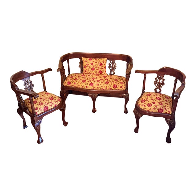 Vintage Hand Carved Mahogany Chippendale Parlor Settee Chairs Set For Sale