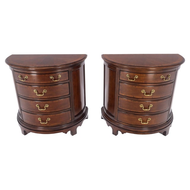 Pair of 4 Drawer Banded Top Demi Lune Consoles Dressers Brass Drop Pulls MINT!