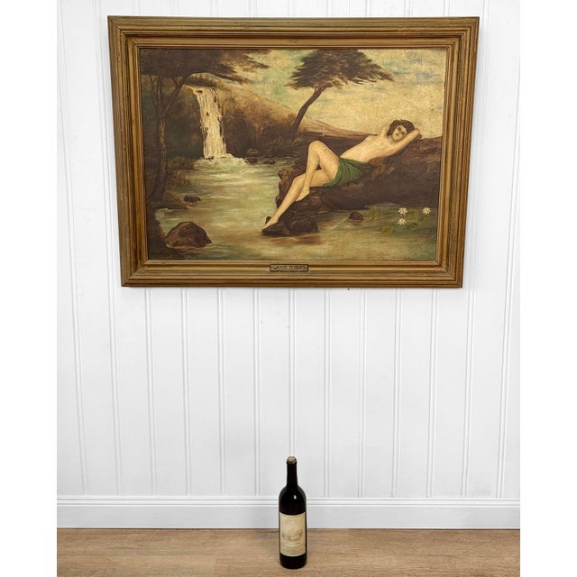 Art Nouveau Antique Art Nouveau Nude Women "Water Flower" Signed Oil on Canvas Painting For Sale - Image 3 of 13