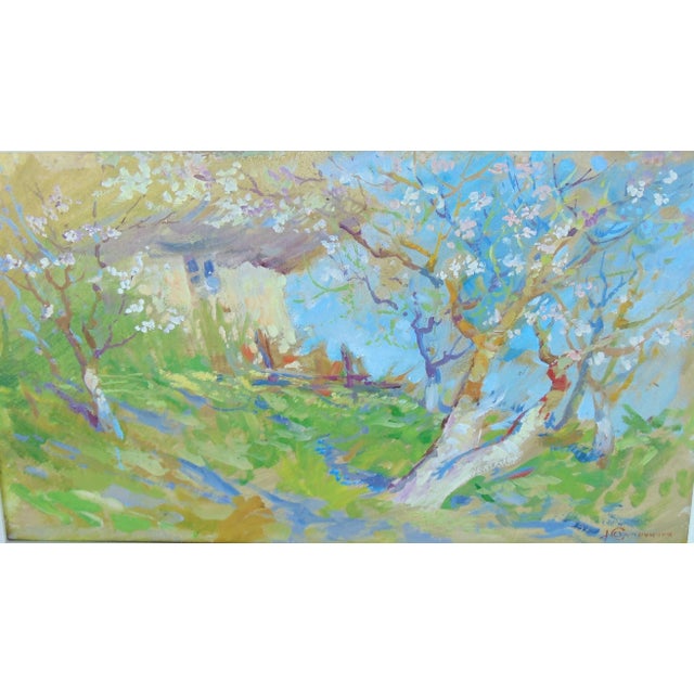 Charming original oil painting entitled "Babusya's (Grandmother's) Orchard" by Ukrainian artist Yuri Suprunchuk. Oil on...