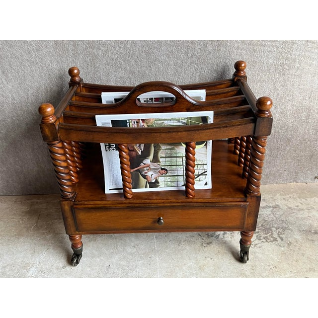 Vintage English Canterbury Barley Twist Wooden Magazine Rack on Metal Casters For Sale - Image 12 of 12