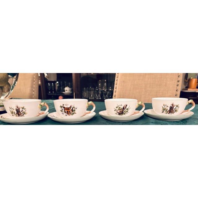 Art Nouveau Vintage Set of 4 Herend Hungary Handpainted Forest Animal Pattern 8 oz.Tea/Coffee Cups & Saucers- 2 Stag/Deer, 1 Fox and 1 Hare For Sale - Image 3 of 12