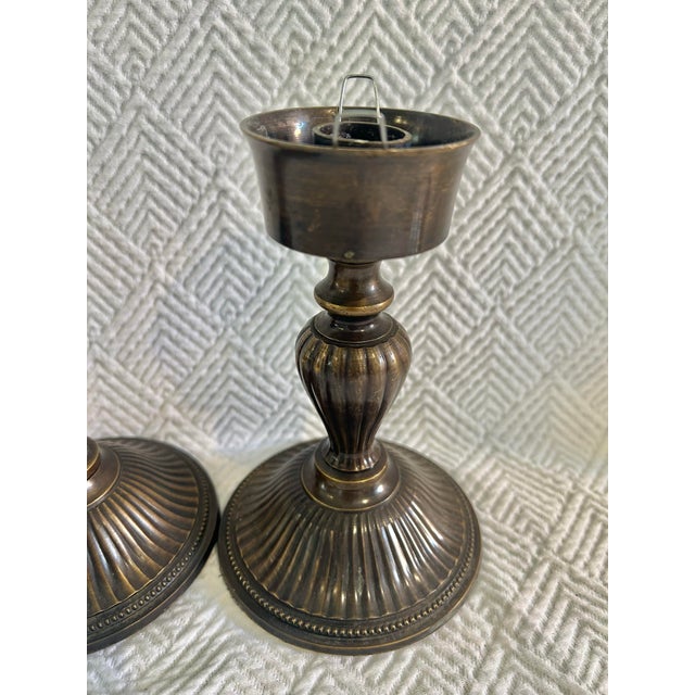 Vintage Bronze Finish Brass Candleholders With Etched Glass Globes - A Pair For Sale In New Orleans - Image 6 of 12