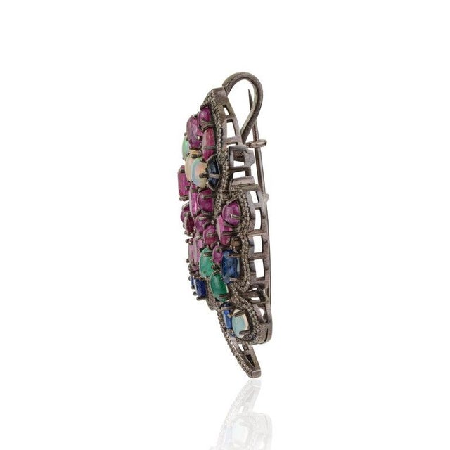 Art Nouveau 9.15 Ct Multi Gemstone Maple Leaf Convertible Brooch Pendant in Sterling Silver For Sale - Image 3 of 11