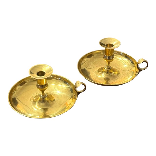 Large Vintage Brass Candlestick Plates With Handles, a Pair | Chairish