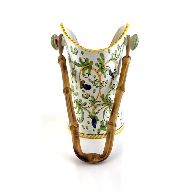 Rustic European 1960s Hand-Painted Italian Ceramic Vase With Bamboo Handle For Sale - Image 3 of 15