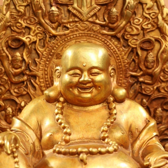 Late 20th Century Late 20th Century Gilded Bronze Laughing Buddha Statue on Lotus Throne For Sale - Image 5 of 9
