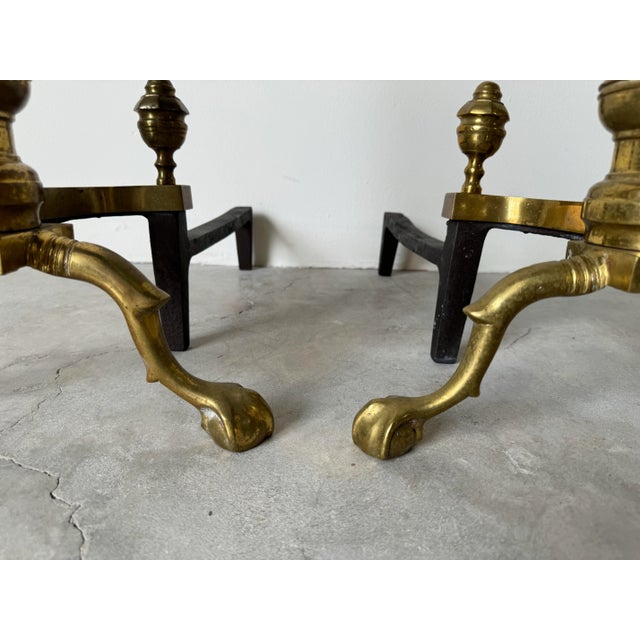 Pair of Vintage American Brass & Metal Andirons With Claw and Ball Feet For Sale - Image 9 of 12