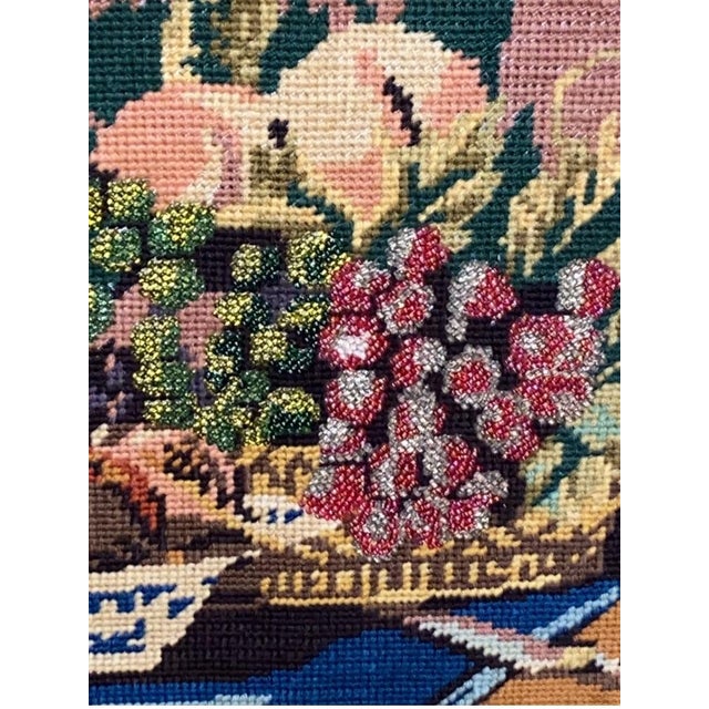 French Tapestry. Vintage French Tapestry Framed Needlepoint With Beading For Sale - Image 10 of 12