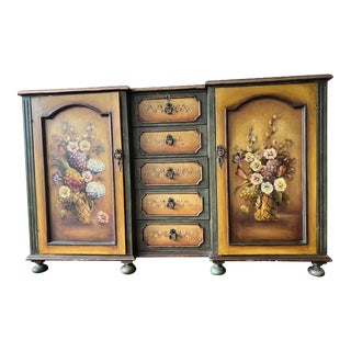 1990s Floral French Provincial Buffet Handmade Cabinet With 2-Door Sideboard and Drawers Solid Wood For Sale