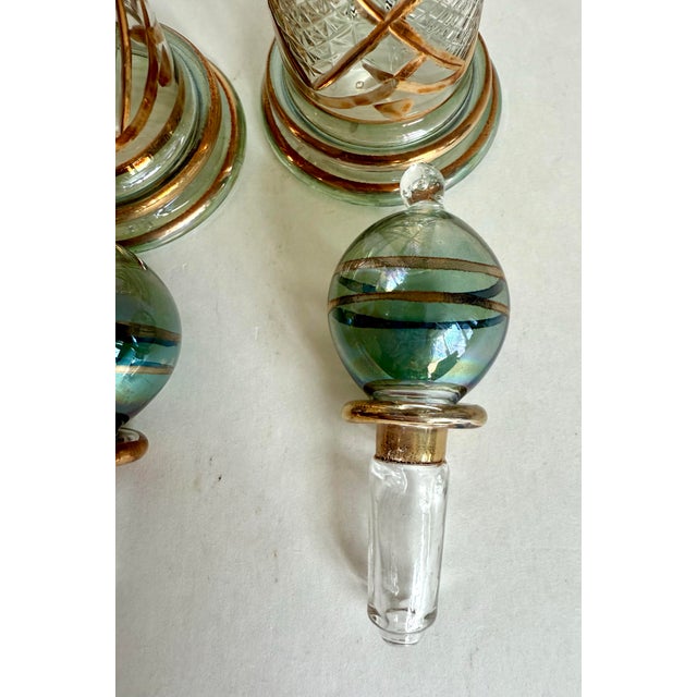 Aqua Vintage Set of 3 Hand-Blown Glass Perfume Apothecary Bottles and Stoppers For Sale - Image 8 of 11