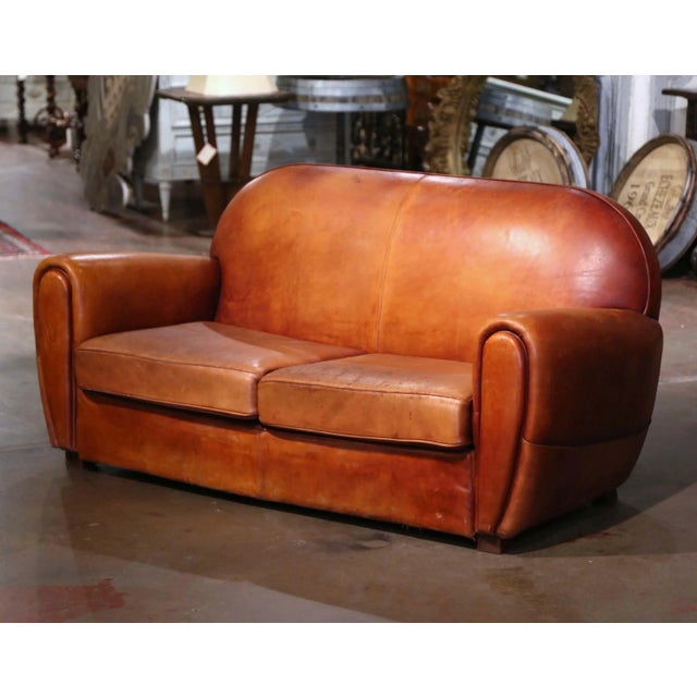 Early 20th Century French Art-Deco Brown Leather Two-Seat Club Sofa For Sale In Dallas - Image 6 of 11