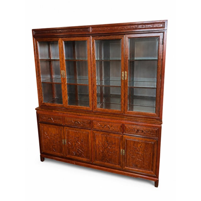 Vintage Cherry Finished Rosewood Chinese Carved China Cabinet With Bird and Floral Motifs For Sale - Image 13 of 13