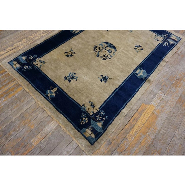 Textile 1920s Beige Foliate Medallion Antique Chinese Peking Carpet 4' X 5'9" Knotted Wool Rug For Sale - Image 7 of 10