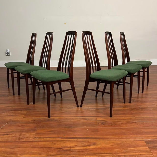 Set of six Eva dining chairs designed by Neils Koefoed for production by Koefoeds Hornslet, made in Denmark. These are...