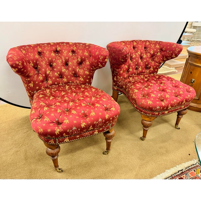 Pair of Chinoiserie Tufted Red Barrel Back Slipper Chairs For Sale In New York - Image 6 of 11