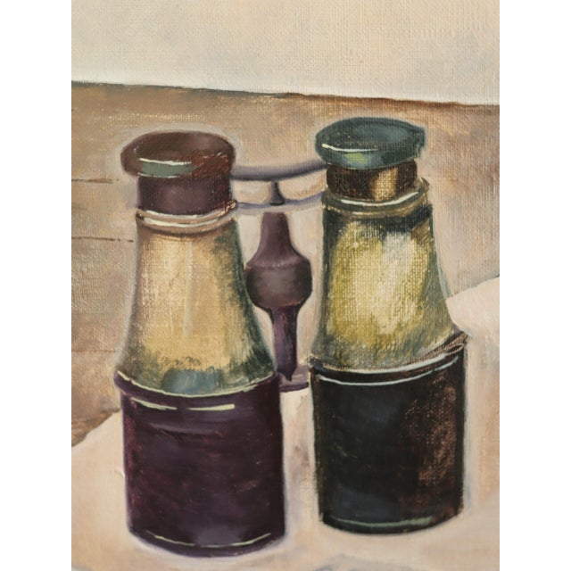 Cream 1974 Modernist 'Still Life With Binoculars' Vintage Original Interior Oil Painting, Framed For Sale - Image 8 of 11