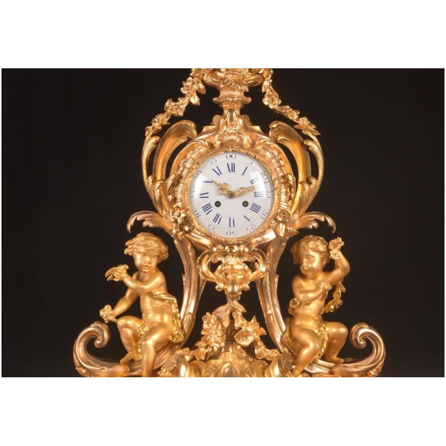 1840s French Louis XV Ormolu Gold Bronze Mantel Clock Set 3pc For Sale - Image 14 of 16