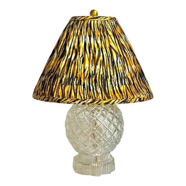 Vintage Pressed Glass Table Lamp With Custom Scalamandre Style Tiger Print Shade For Sale