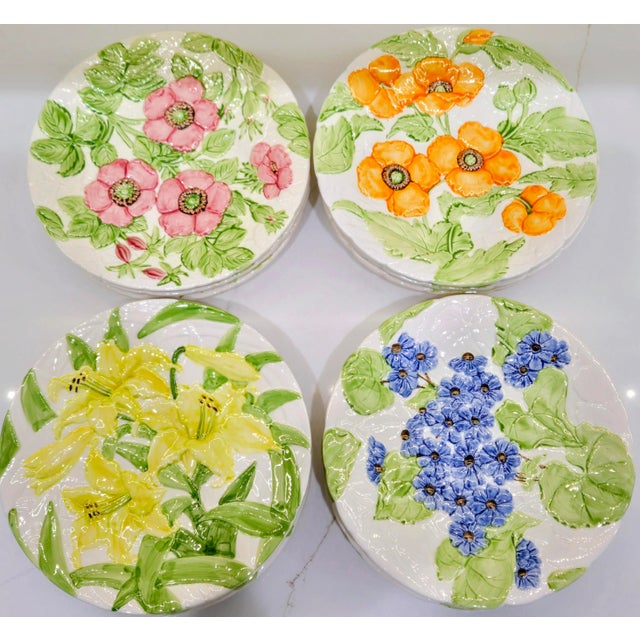 A beautiful vintage set of 12 Shafford Fleurs du Jour dessert or salad plates, dated 1988. This cheerful, sculptural...