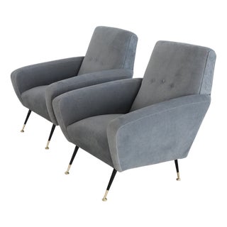 Set of Italian Armchairs in Blue Grey Velvet, 1950s For Sale