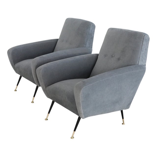 Set of Italian Armchairs in Blue Grey Velvet, 1950s For Sale