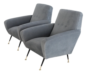 Set of Italian Armchairs in Blue Grey Velvet, 1950s