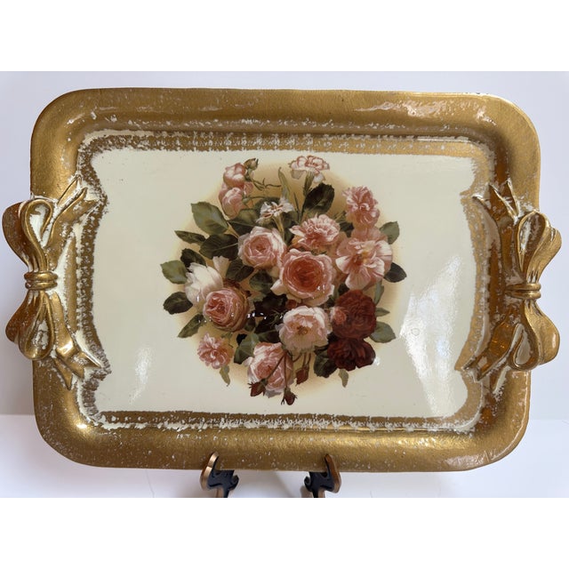 Gold Tirinnanzi Italy Hand Painted Floral Gold Trim Bow Handles Serving Tray For Sale - Image 8 of 15