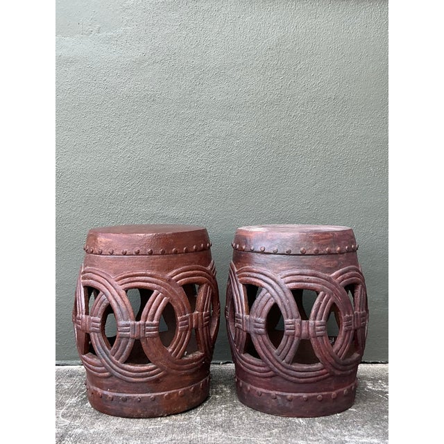 Ceramic Vintage Boho Glazed Ceramic Rings Low Stools - A Pair For Sale - Image 7 of 9