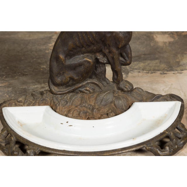 English English Iron Umbrella Stand with Dog and Tree Motif and White Receptacle For Sale - Image 3 of 12