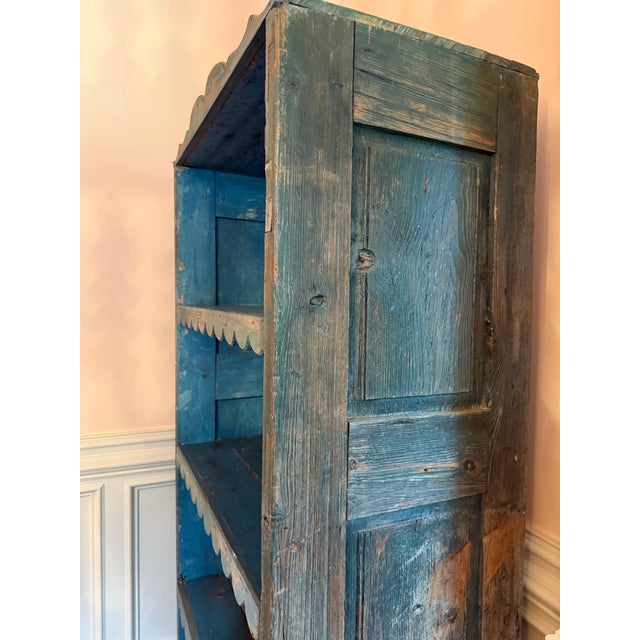 Farmhouse Antique Primitive Blue Painted Open Cupboard With Scalloped Shelves – 80”h For Sale - Image 3 of 8