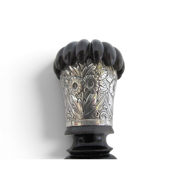 Brown Horn & Sterling Silver Repousse Flower Corkscrew Gadget Walking Stick Cane For Sale - Image 8 of 13