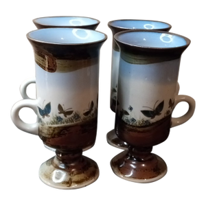 1970s Otagiri Japan Butterfly Pedestal Stoneware Coffee Mugs- Set of 4