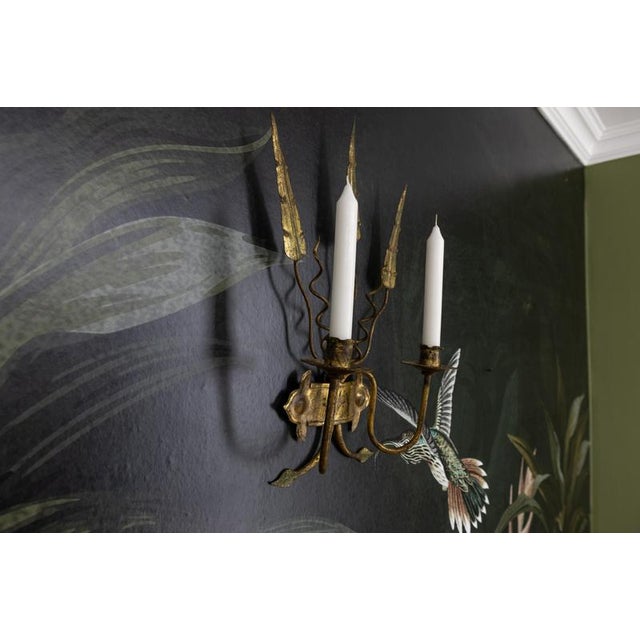1950s Spanish Gilt Iron Medieval Revival Style Two-Arm Candle Wall Sconce, ca. 1950s For Sale - Image 5 of 18