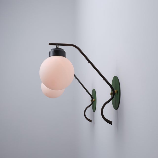 Italian Brass Wall Sconces with Opaline Globe Shades, 1950s, Set of 2 For Sale - Image 10 of 12