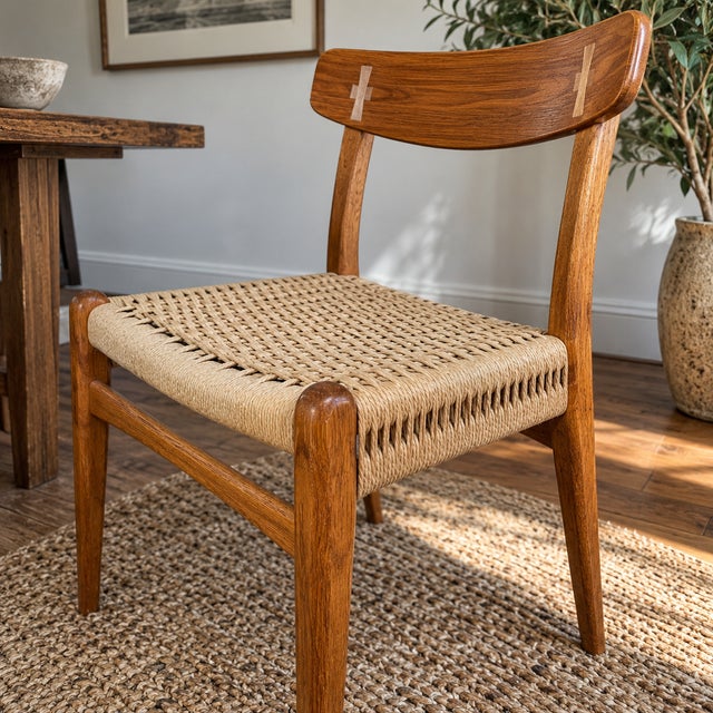 Mid-Century Modern 1950s Hans J. Wegner Ch23 Danish Modern Oak & Paper Cord Dining Chair For Sale - Image 3 of 9