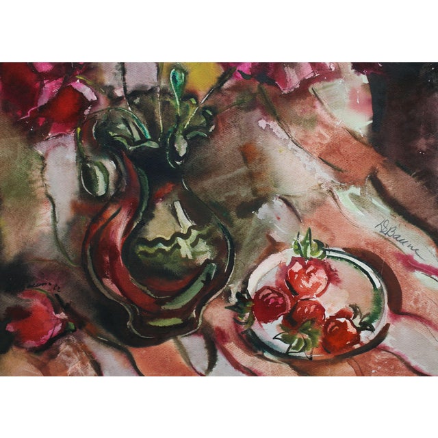 Dzidra Bauma, Poppies and Strawberries, 1982, Watercolor, in Good conditions. Designed 1980 to 1989 This piece has an...