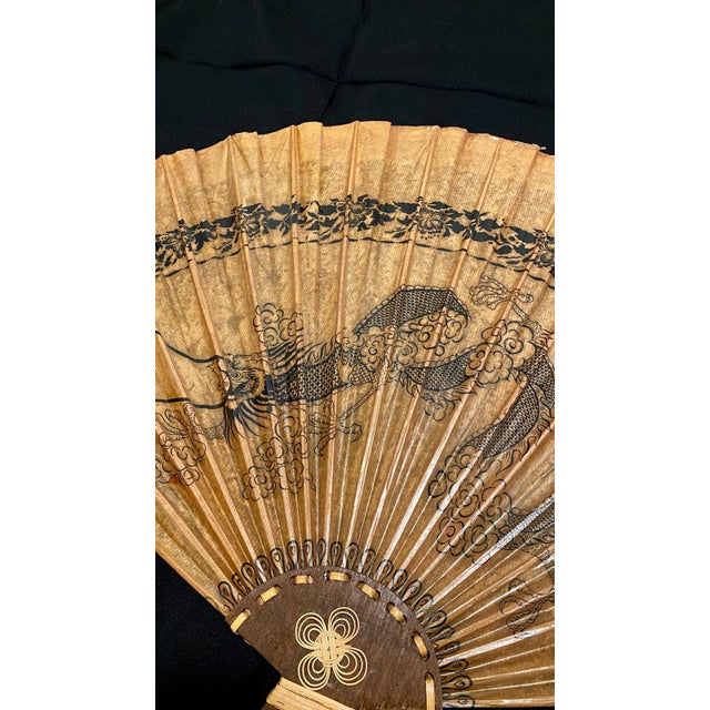 Large Pair Vintage Chinese Dragon Wall Fans 37"l X 23"h - Set of 2 Hand Painted Bamboo Fan | Oriental Decor For Sale - Image 11 of 17